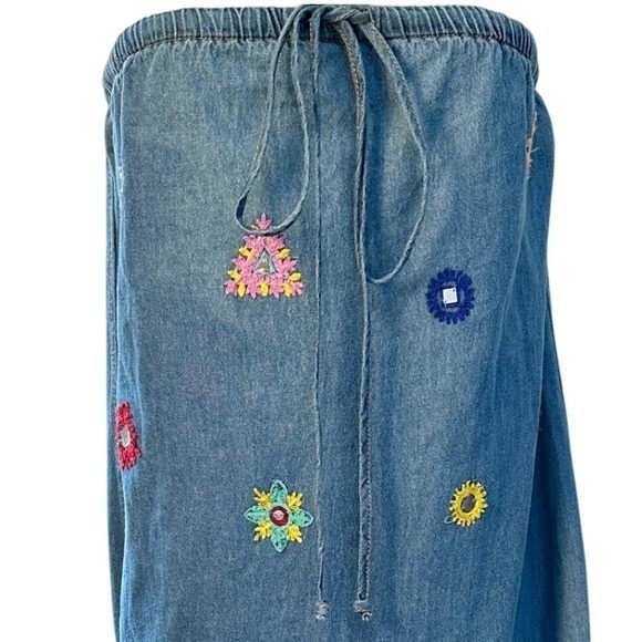 ZARA Denim Halter Maxi Dress Embroidered Floral Boho Beach Vacation Size S - Picture 4 of 8